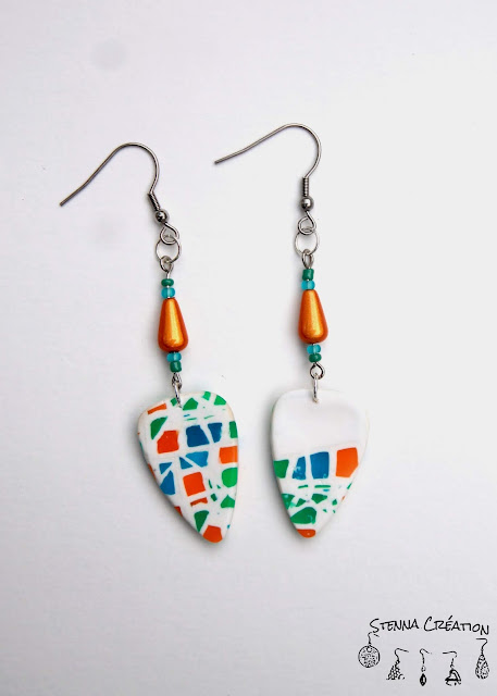 Boucles oreilles pâte polymère Canne géométriques bleu orange vert blanc Stenna Création