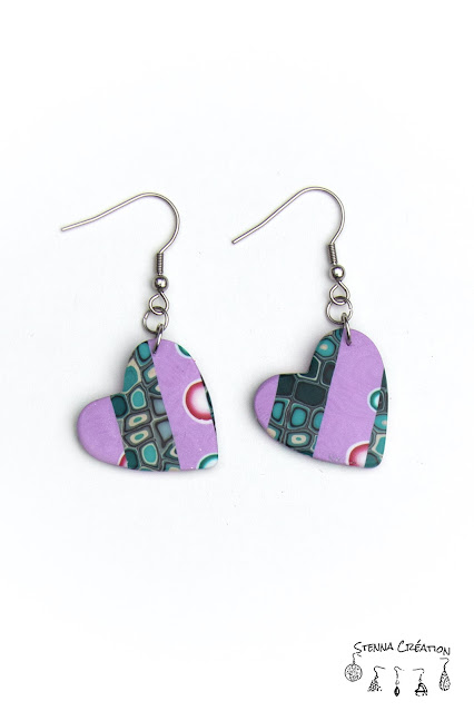 boucles oreilles pate polymère canne Bettina canne cible turquoise violet stenna création