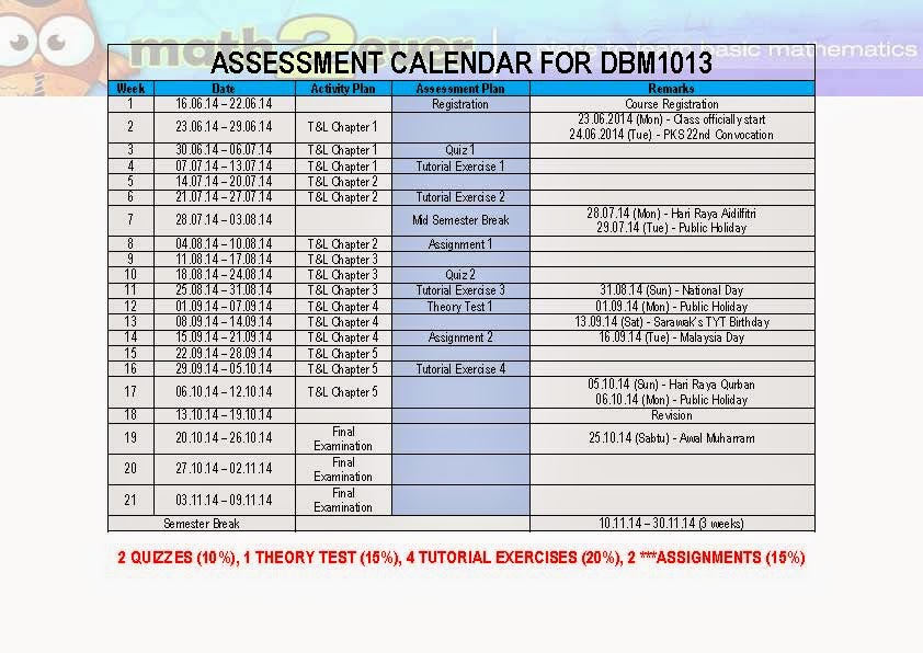 Assessment Calendar for BA101 Engineering Mathematics 1 June 2014 Assessment Calendar for BA101 Engineering Mathematics 1 June 2014