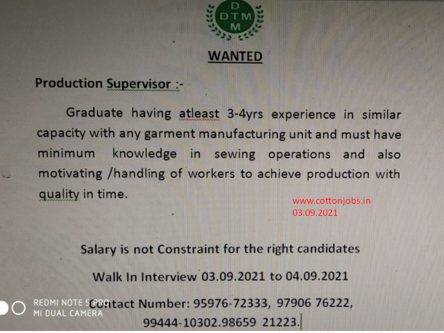 FRIDAY(03.09.2021)ONWARDS INTERVIEW ALL GARMENTS JOBS & SPINNING MILL