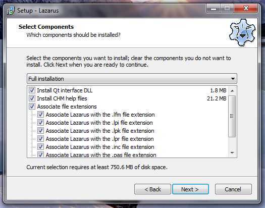 Memilih komponen untuk diinstal