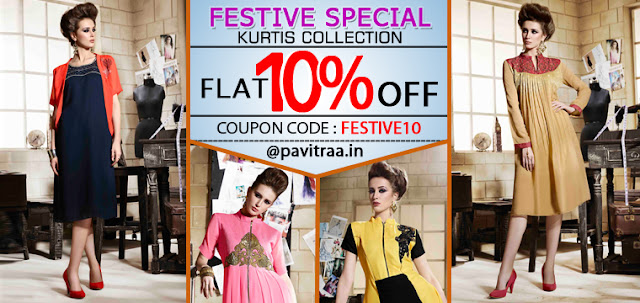Festival offer on designer kurtis flat 10% off online shopping at pavitraa.in