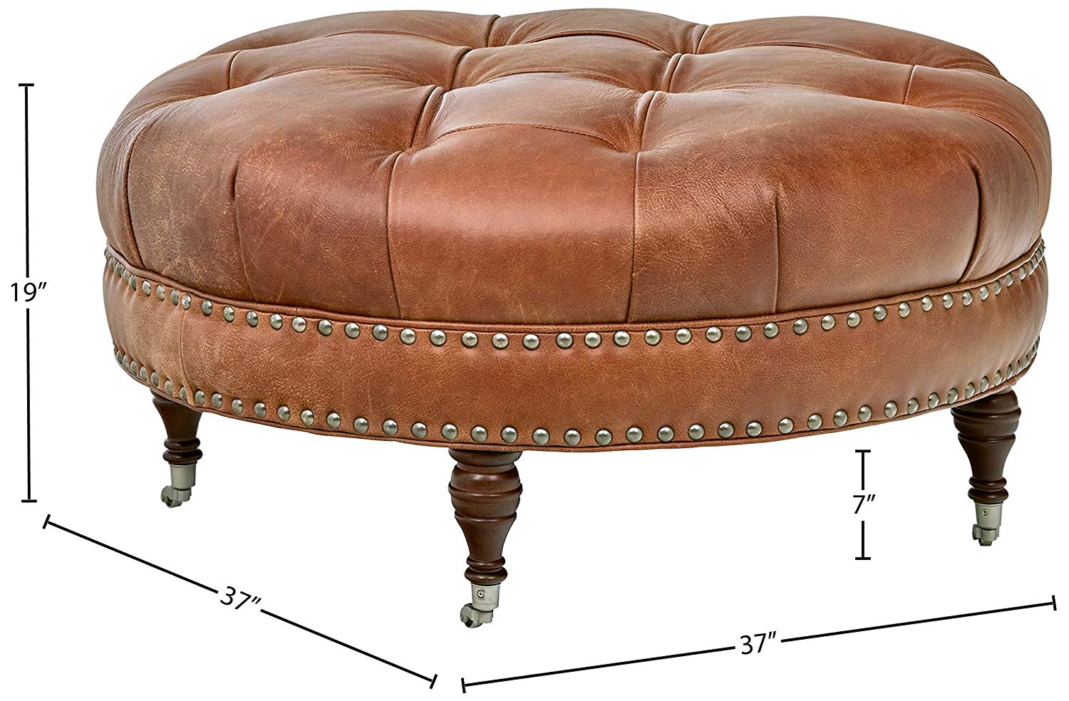 Button Tufted Round Leather Wheeled Ottoman with Spindled Wooden Legs