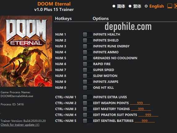 DOOM Eternal Oyunu Can, Tek Atma, Mermi +15 Trainer Hilesi İndir