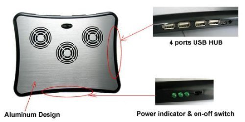 Aluminium 4 USB HUB Laptop Notebook 3 Fan Radiator Cooler