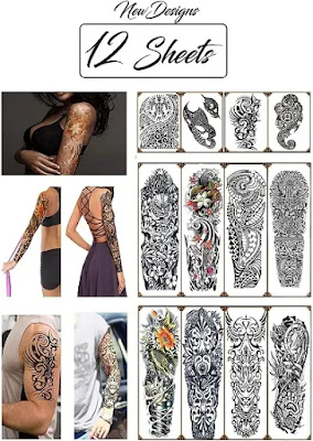 Temporary Tattoos Large Full Arm Half Sleeves (12 Sheets) Premium Realistic Fake Semi Permanent Black Body Stickers for Men and Women for Shoulder Chest and Back Hawaiian Tribal