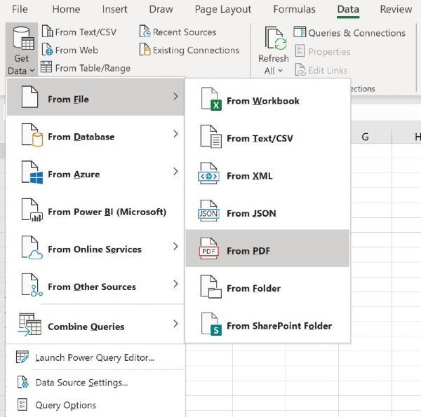 Función de importación de PDF en Microsoft Excel