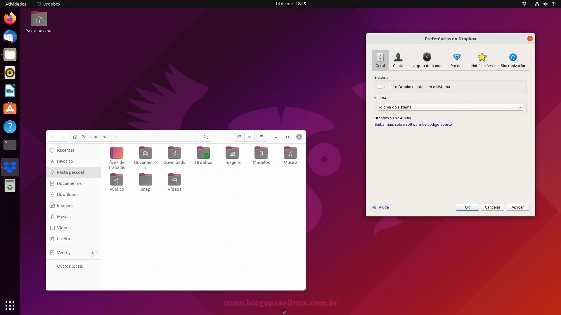 Cliente do Dropbox executando no Ubuntu 21.10 (Impish Indri)