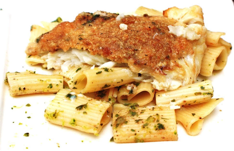 Italian Baked Crusted Flounder with Rigatoni in Wine Sauce Pasta What