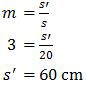 Perbesaran cermin, m = s'/s, dengan m = 3 dan s = 20 cm