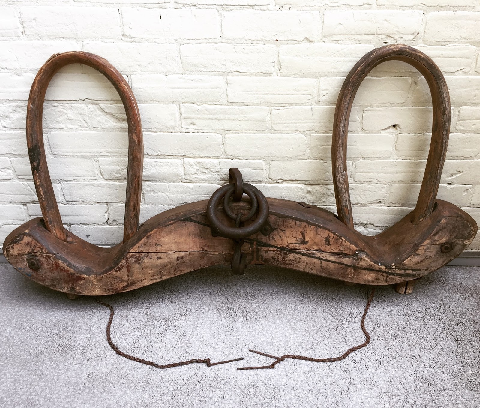 Era Antiques Antique Hardwood Double Ox Yoke. Bows and Iron Rings completely intact.