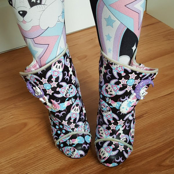 black ankle boots with cat and dog space galactic uppers