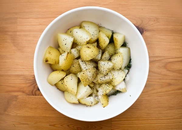 Making Dill Potato Salad - Step 3 - cooked potato chunks added