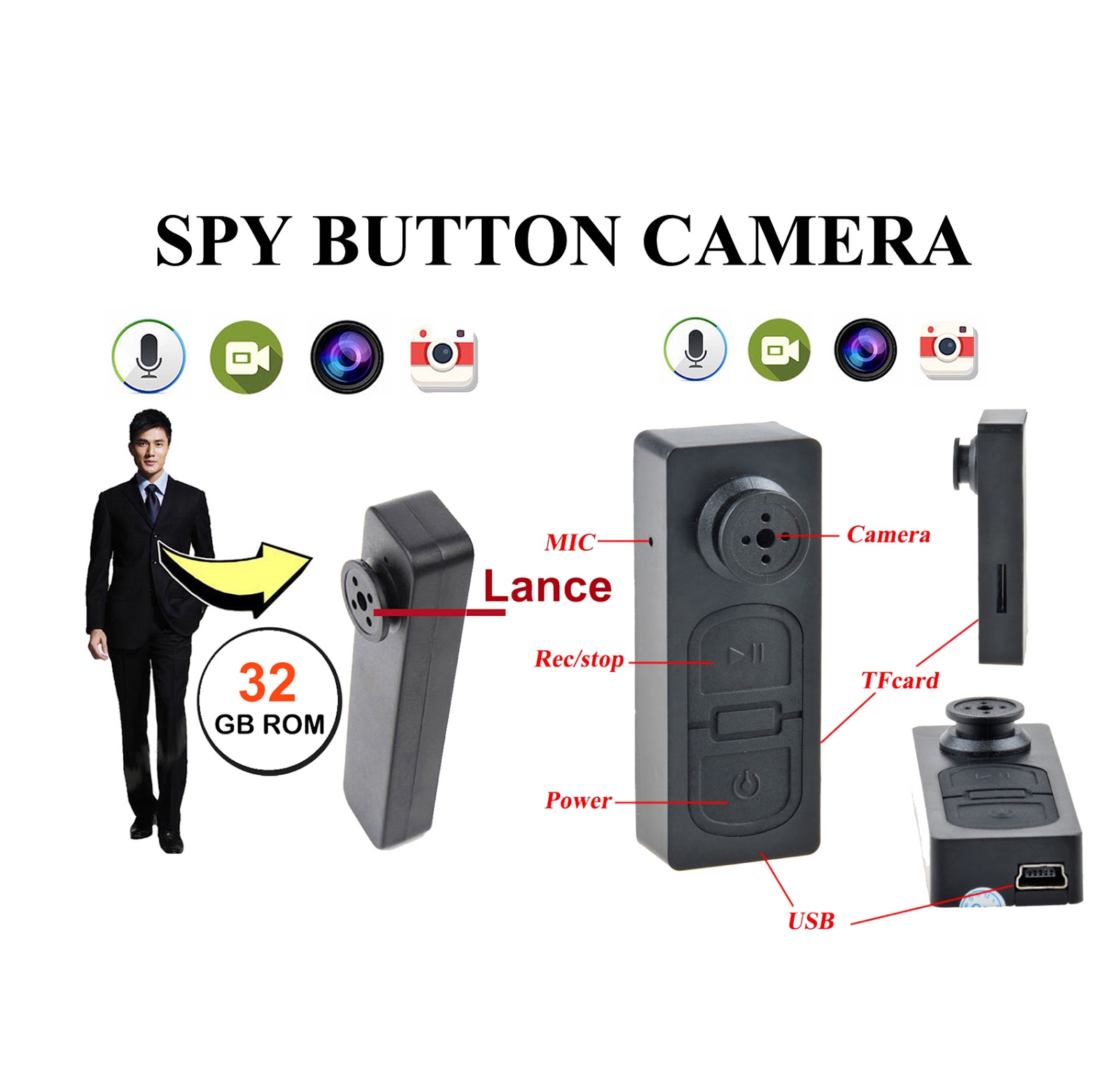 Spy Camera Button Builtin 32GB Memory with Voice&Video Recorder
