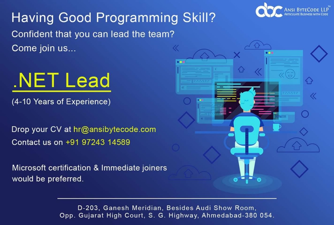Hiring Dot Net Lead Jobs ANSI BYTECODE LLP (Ahmedabad) JOB ALERTS HUB
