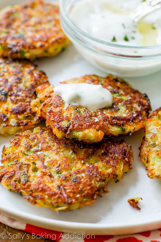 Zucchini Yam Fritters with Garlic Herb Yogurt Sauce