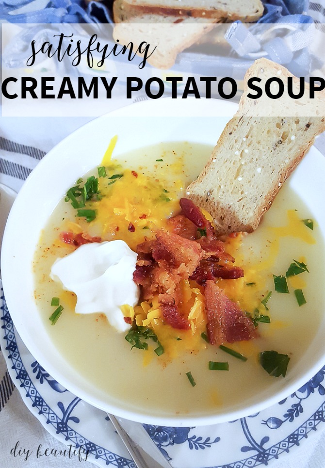 creamy potato soup with bacon, cheese and sour cream