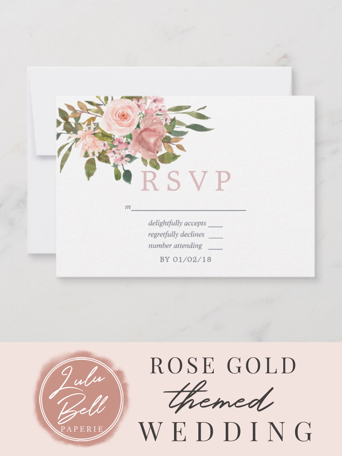 Watercolor Floral Blush Pink Roses Wedding RSVP Cards
