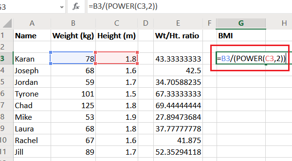 Рассчитать коэффициент ИМТ в Excel