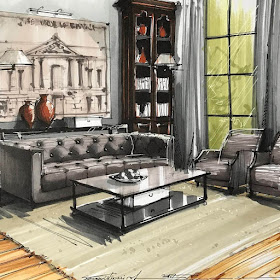 06-Living-Room-and-Bookcase-Sergei-Tihomirov-СЕРГЕЙ-ТИХОМИРОВ-Varied-Living-Room-Interior-Design-Sketches-www-designstack-co