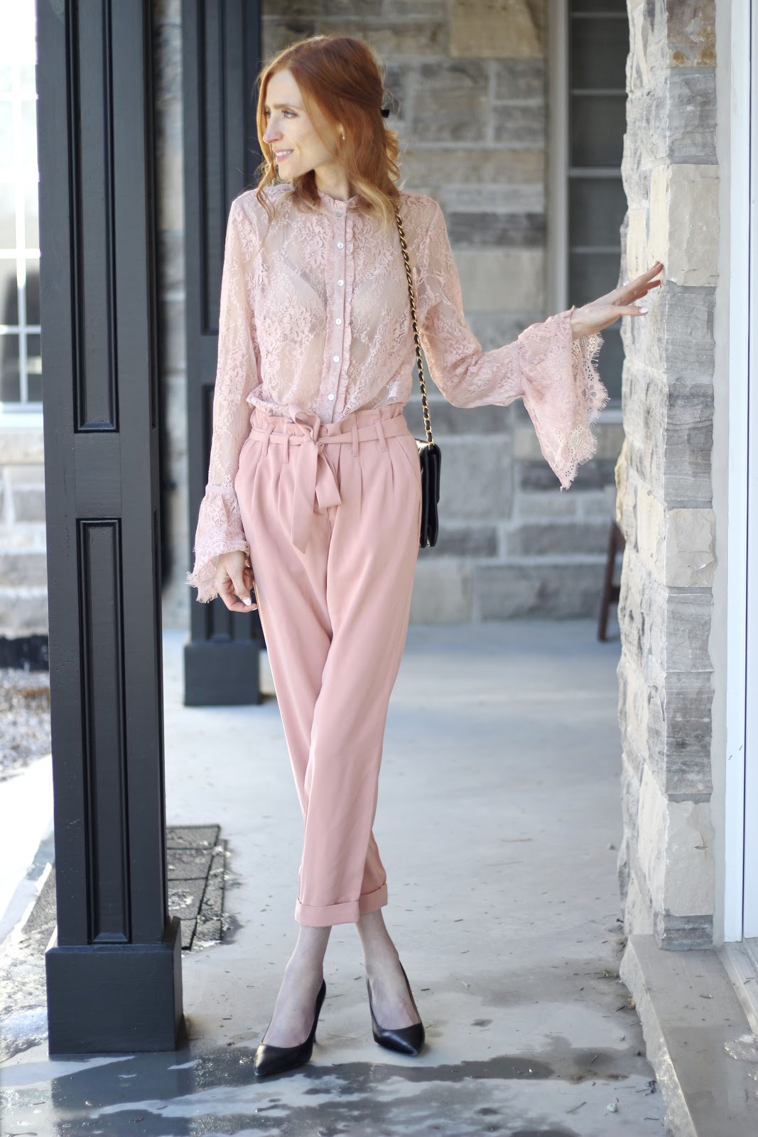 RW & Co blush trousers, pink lace bell sleeve top, Nine west pumps, vintage Chanel bag = Pink Spring Style