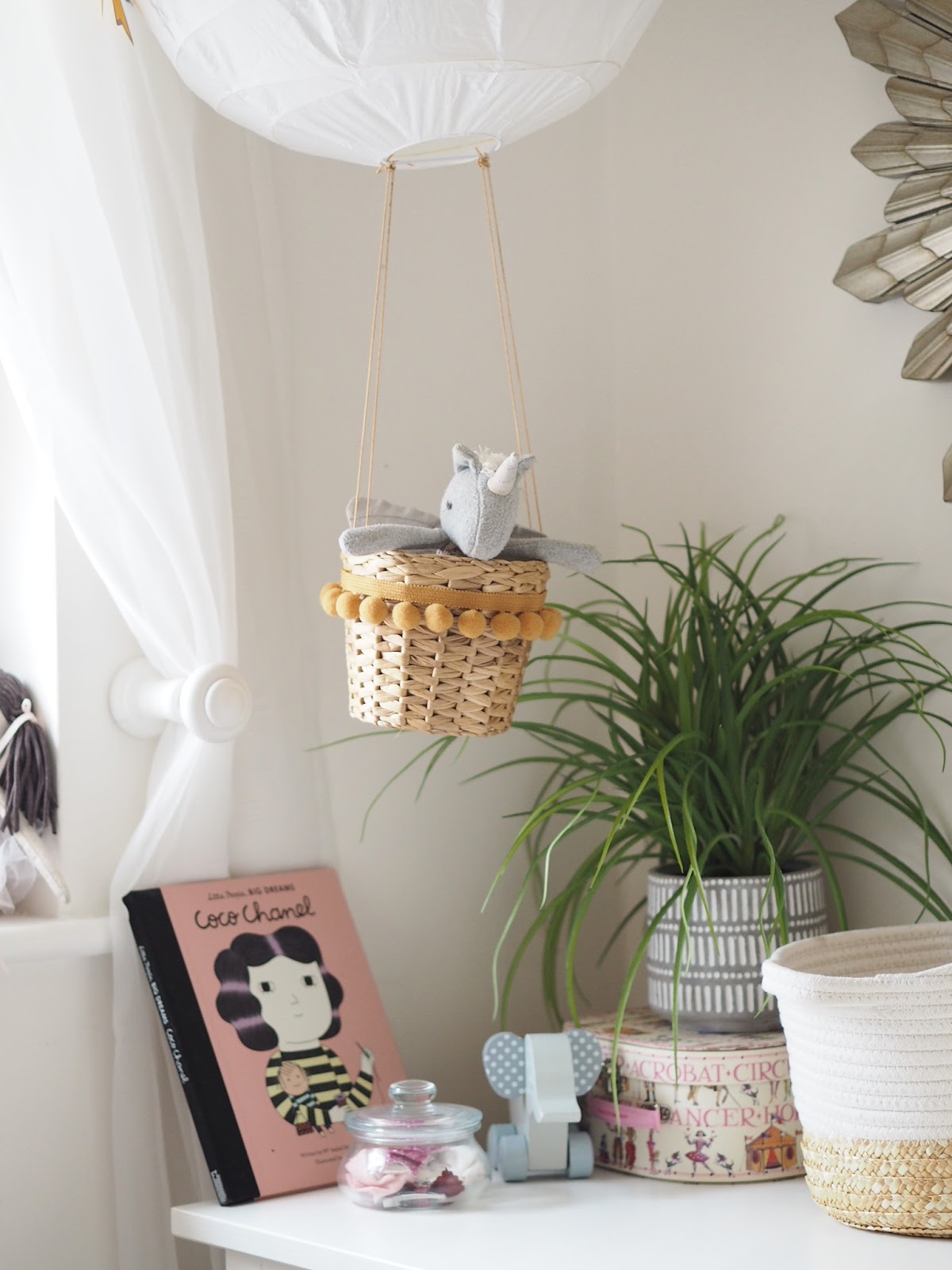 DIY hot air balloon nursery decoration from an IKEA Regolit light shade. Childrens bedroom decor on a budget. Easy DIY craft project you can complete in a couple of hours.