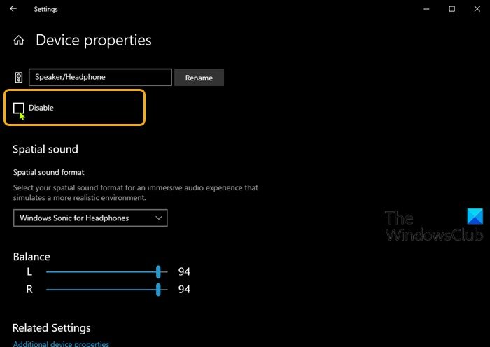 Aplicación de configuración (propiedades del dispositivo)