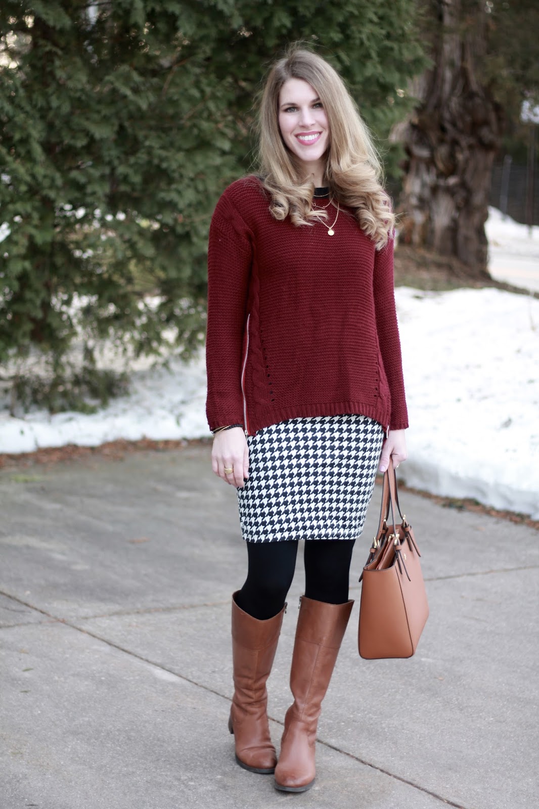 Burgundy Sweater & Houndstooth Skirt