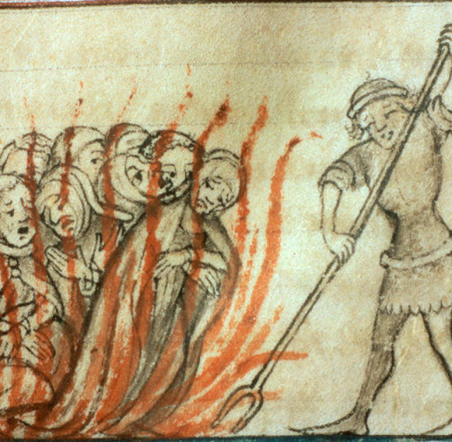 Сожжение рыцарей-тамплиеров на костре, иллюстрация XIV века
