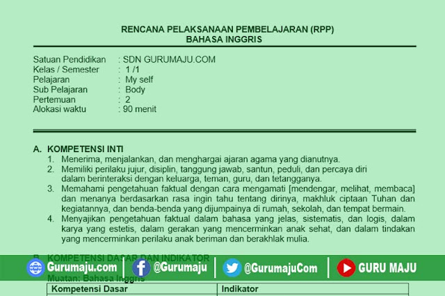 Rpp Bahasa Inggris Sd Kelas 1 Semester 1 K13 Revisi Terbaru Guru Maju