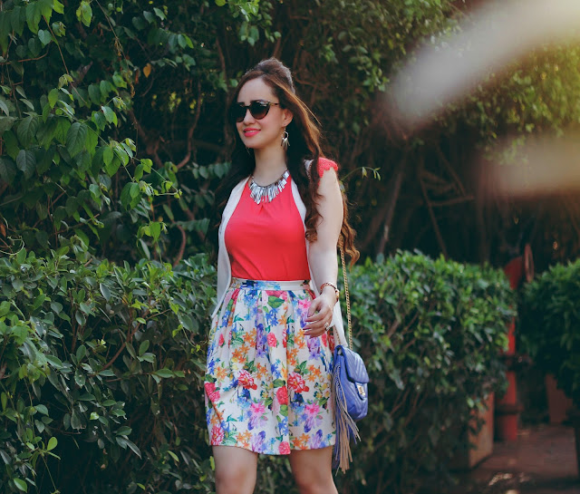 Shoppers Stop Spring Summer Collection 2016 Coral Top, Floral Skater Skirt, White Cape, Fringe Bag,Women's Summer Fashion,Shoppers Stop Spring Summer Collection 2016