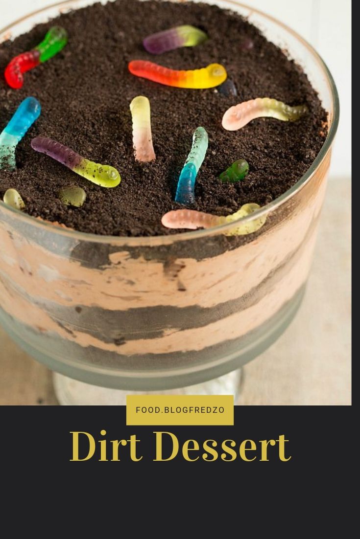 Dirt dessert alternates layers of crushed Oreo cookies and a lightened chocolate pudding mixture that is made to look like "dirt", complete with (gummy) worms! Dirt dessert alternates layers of crushed Oreo cookies and a lightened chocolate pudding mixture that is made to look like "dirt", complete with (gummy) worms!