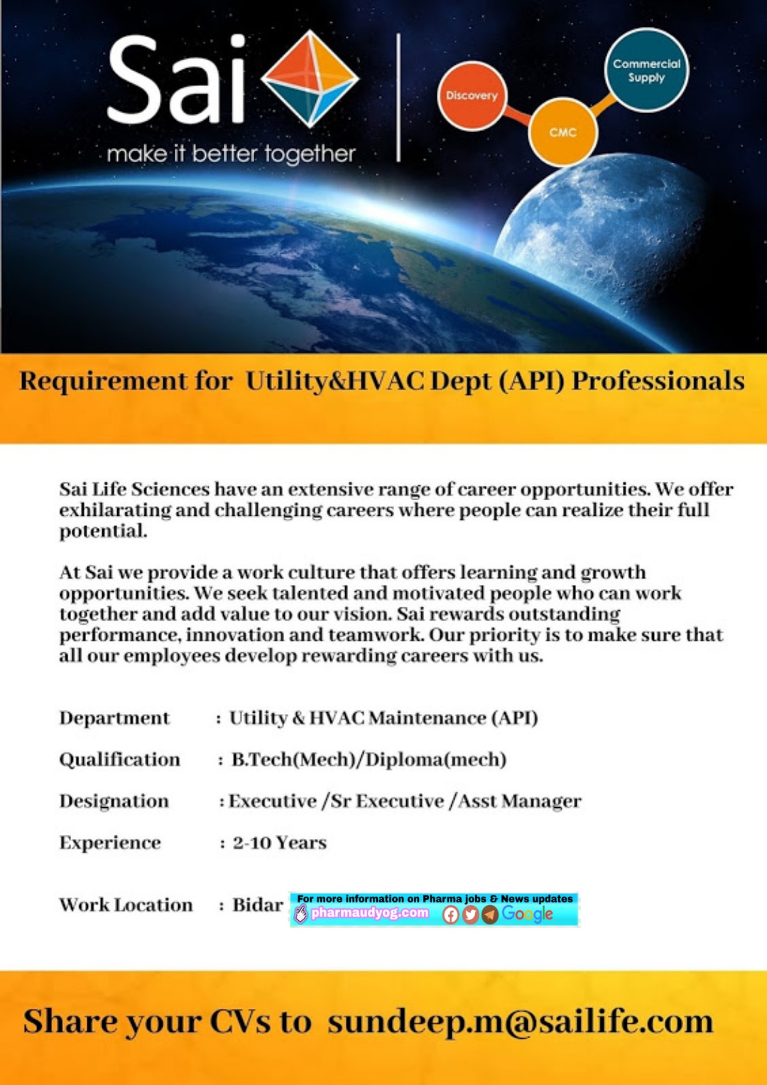 Sai Lifesciences Requirement for Utility &HVAC professionals at Bidar
