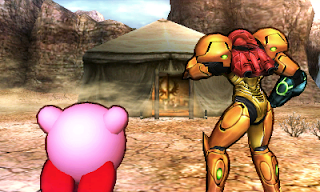 Samus and Kirby in front of the tent at Gerudo Valley