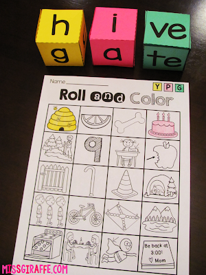 CVCe words roll where kids roll the dice to build words and color it in on their recording sheet if the word is on it - such a fun phonics game!