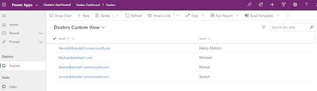 Power Apps Model Driven Dashboard showing Dealers List for business users to monitor/track