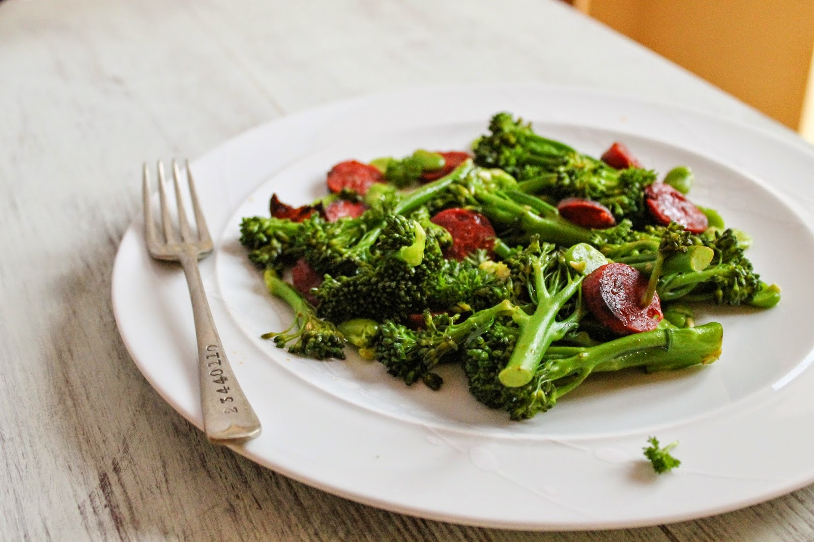 eat like you love yourself Broccoli with Chorizo and Broad Beans