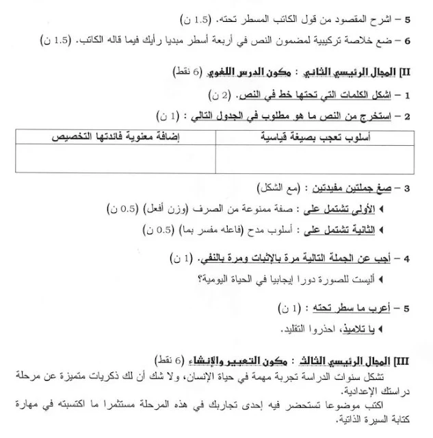 السنة الثالثة ثانوي إعدادي :فرض محروس رقم 9 مادة اللغة العربية 