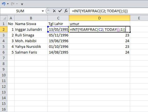 cara hitung usia dengan fungsi yearfrac