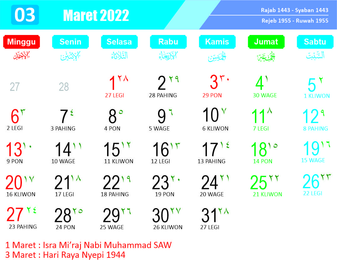Kalender Maret 2022 - Kanalmu