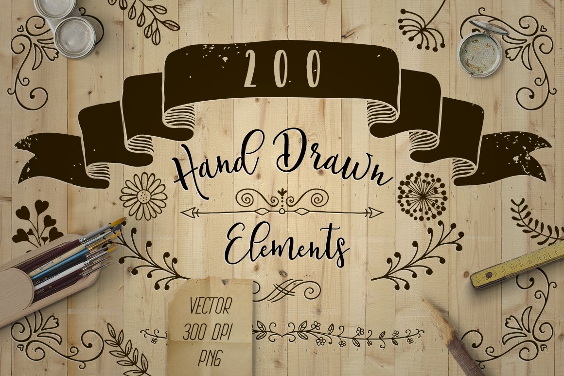 Big Set of 200 Hand Sketched Rustic Decorative Doodle Design Elements