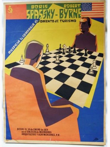 Unique 1974 Chess FIDE Poster signed by Boris Spassky and Robert Byrne in  PR.