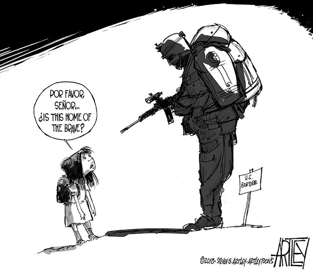 Fully-armed soldier facing small girl wearing a back pack.  Girl asks, 