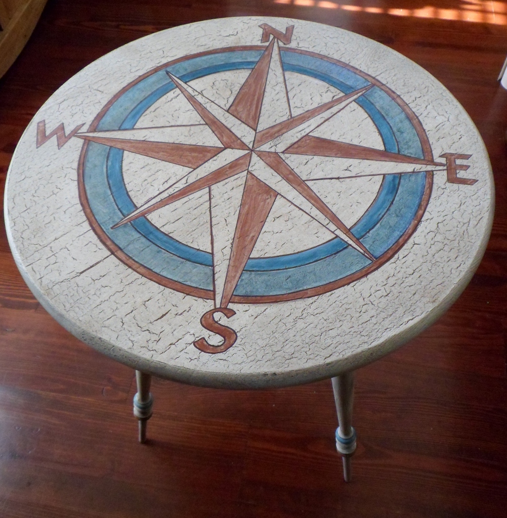 Savard Studios Cream, Turquoise and Copper Nautical Compass Table