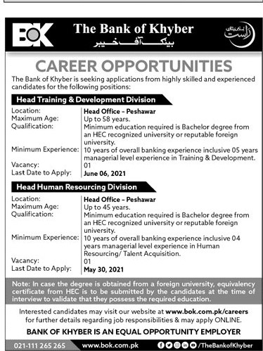 Bank of Khyber (BOK) Jobs 2021 in Pakistan Bank of Khyber (BOK) Jobs 2021 in Pakistan