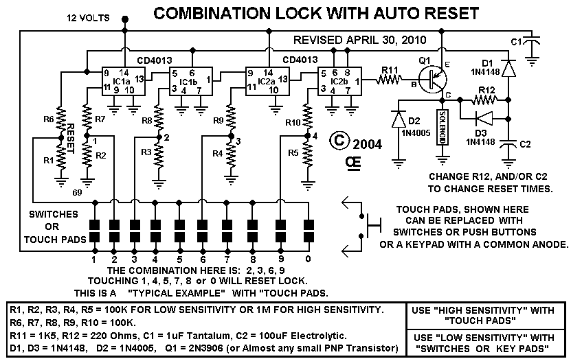 Electronic Combination Lock with Auto Reset Circuit Diagram