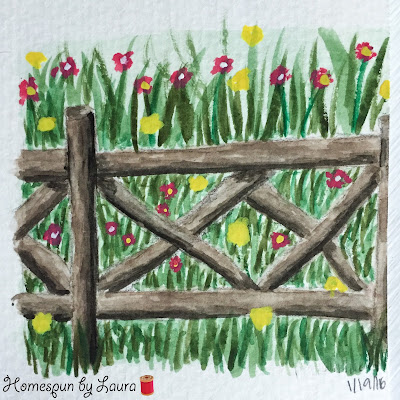wooden fence with wildflowers watercolor Daily Doodle 