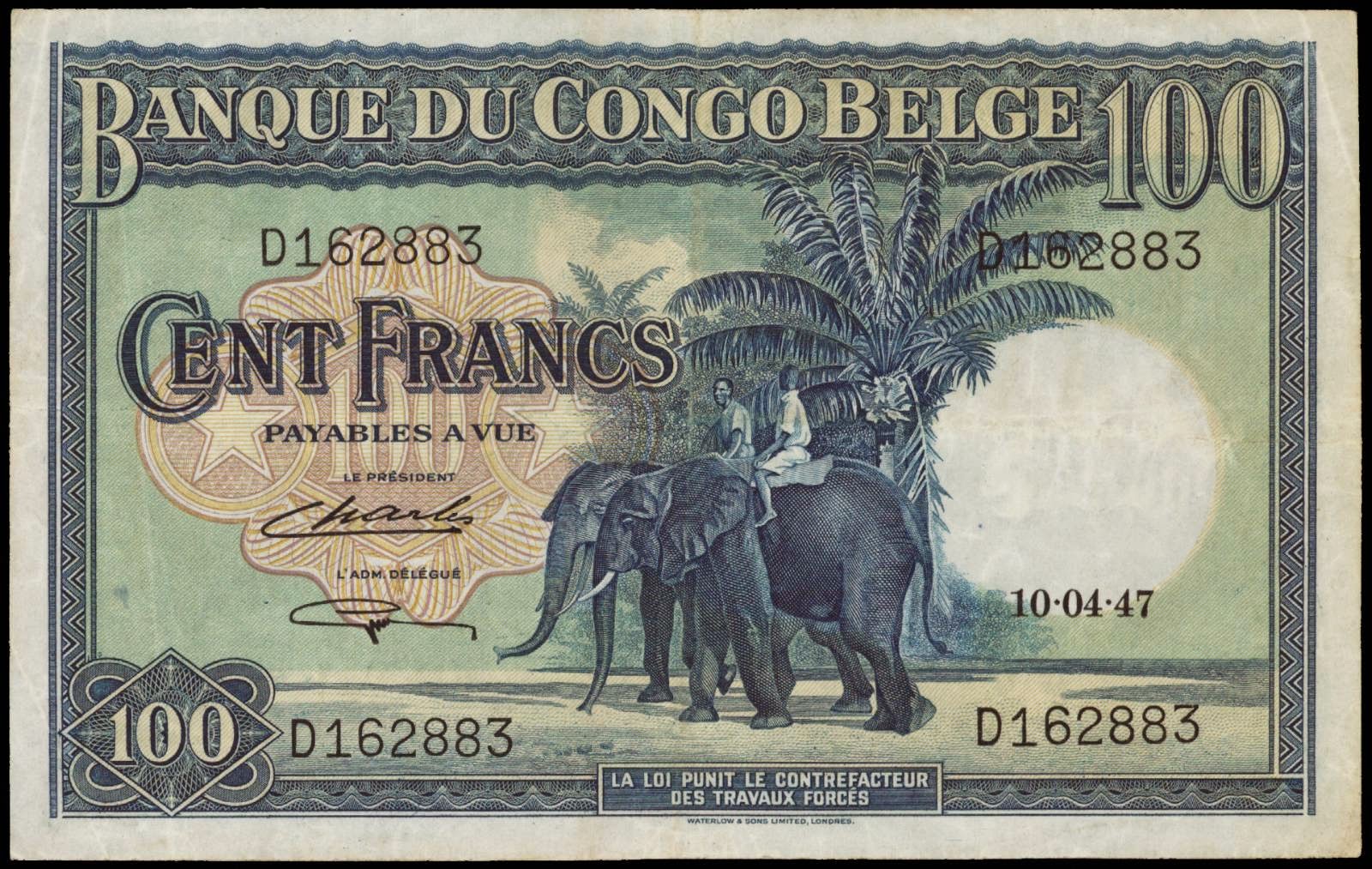 Belgian Congo banknotes 100 Francs