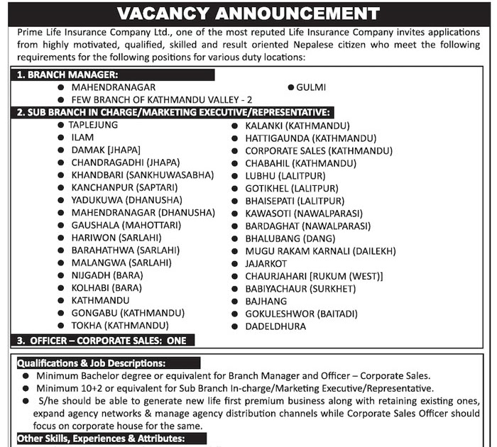 Jobs at Prime life Insurance Company