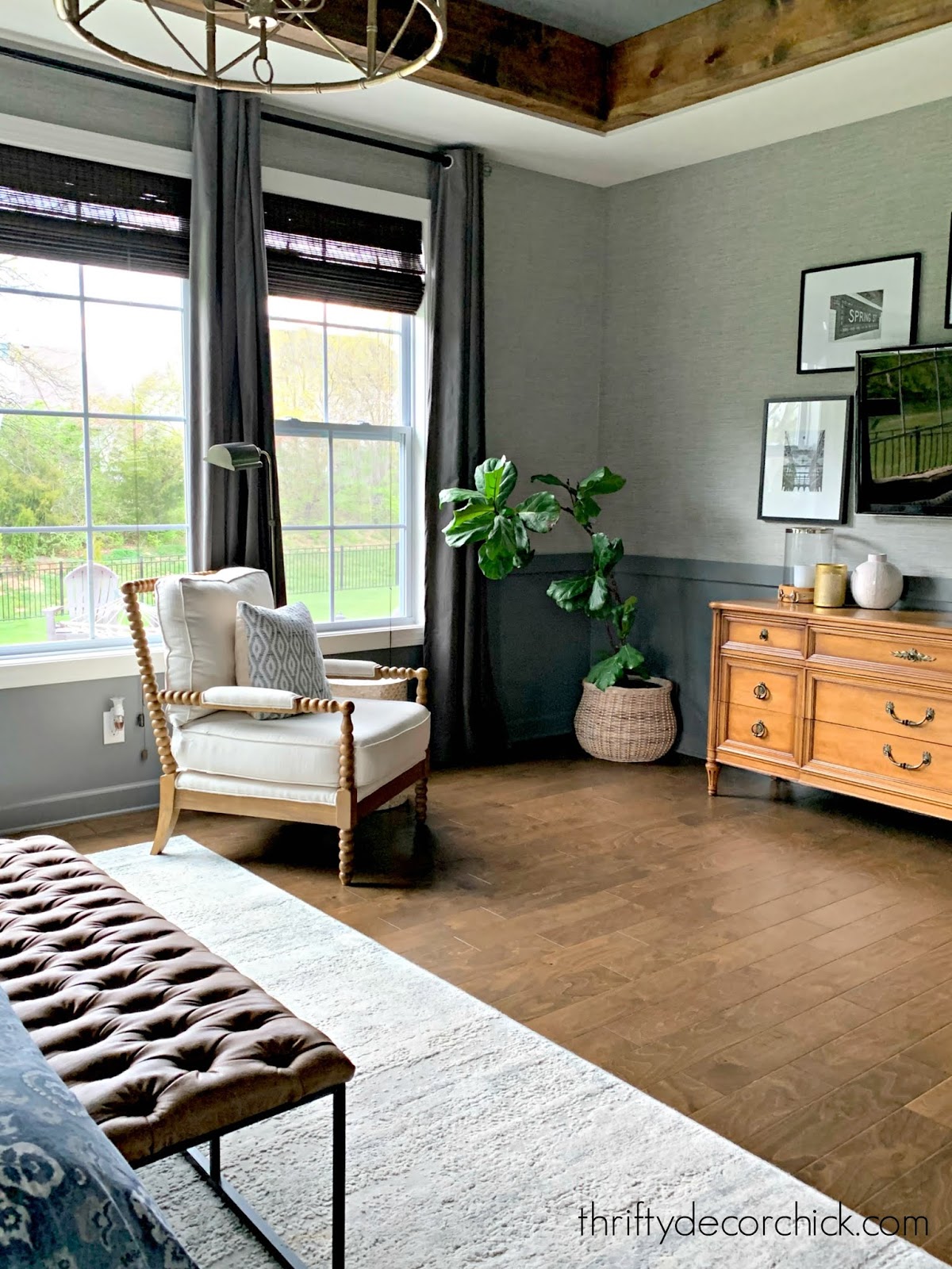 Dark cozy master bedroom gray walls wood accents